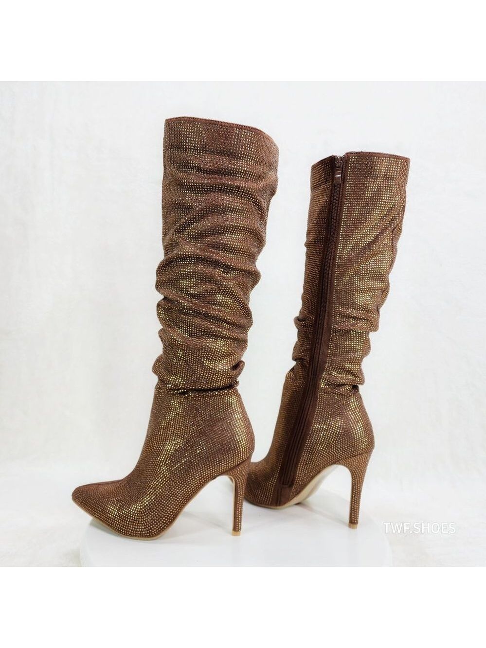 Brand New Trendy Brown Rhinestone Slouchy Shaft Knee High Boots 4" Heels
